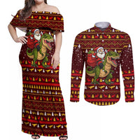 Santassic Park Santa Claus Christmas Couples Matching Off Shoulder Maxi Dress and Long Sleeve Button Shirt Xmas Holiday Patterns - Wonder Print Shop