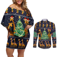 Love Giraffe Christmas Couples Matching Off Shoulder Short Dress and Long Sleeve Button Shirt Xmas Holiday Patterns - Wonder Print Shop