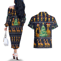 Love Giraffe Christmas Couples Matching Off The Shoulder Long Sleeve Dress and Hawaiian Shirt Xmas Holiday Patterns - Wonder Print Shop