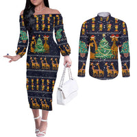 Love Giraffe Christmas Couples Matching Off The Shoulder Long Sleeve Dress and Long Sleeve Button Shirt Xmas Holiday Patterns - Wonder Print Shop