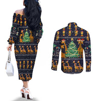 Love Giraffe Christmas Couples Matching Off The Shoulder Long Sleeve Dress and Long Sleeve Button Shirt Xmas Holiday Patterns - Wonder Print Shop