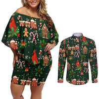 Love Cardinal Xmas Christmas Couples Matching Off Shoulder Short Dress and Long Sleeve Button Shirt Xmas Holiday Patterns - Wonder Print Shop