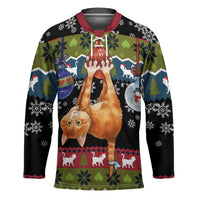 Cat Hanging on Xmas Tree Christmas Hockey Jersey Xmas Holiday Patterns - Wonder Print Shop