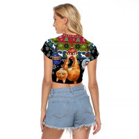 Cat Hanging on Xmas Tree Christmas Raglan Cropped T Shirt Xmas Holiday Patterns - Wonder Print Shop