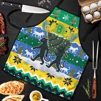 Gabon Christmas Apron with Black Panthers Carrying Tree and Green Yellow Snowflake Pattern - Wonder Print Shop