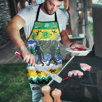 Gabon Christmas Apron with Black Panthers Carrying Tree and Green Yellow Snowflake Pattern - Wonder Print Shop