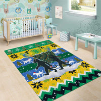 Gabon Christmas Area Rug with Black Panthers Carrying Tree and Green Yellow Snowflake Pattern - Wonder Print Shop
