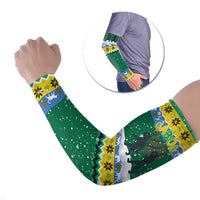 Gabon Christmas Arm Sleeves with Black Panthers Carrying Tree and Green Yellow Snowflake Pattern - Wonder Print Shop