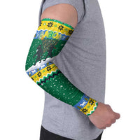 Gabon Christmas Arm Sleeves with Black Panthers Carrying Tree and Green Yellow Snowflake Pattern - Wonder Print Shop