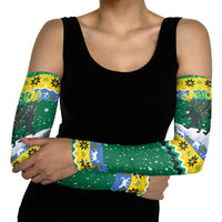 Gabon Christmas Arm Sleeves with Black Panthers Carrying Tree and Green Yellow Snowflake Pattern - Wonder Print Shop