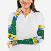 Gabon Christmas Arm Sleeves with Black Panthers Carrying Tree and Green Yellow Snowflake Pattern - Wonder Print Shop