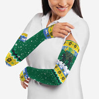 Gabon Christmas Arm Sleeves with Black Panthers Carrying Tree and Green Yellow Snowflake Pattern - Wonder Print Shop