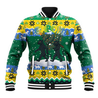 Gabon Christmas Baseball Jacket with Black Panthers Carrying Tree and Green Yellow Snowflake Pattern - Wonder Print Shop