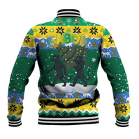 Gabon Christmas Baseball Jacket with Black Panthers Carrying Tree and Green Yellow Snowflake Pattern - Wonder Print Shop