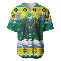 Gabon Christmas Baseball Jersey with Black Panthers Carrying Tree and Green Yellow Snowflake Pattern - Wonder Print Shop