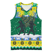 Gabon Christmas Basketball Jersey with Black Panthers Carrying Tree and Green Yellow Snowflake Pattern - Wonder Print Shop