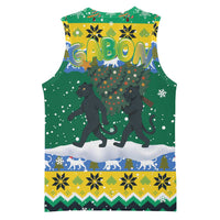 Gabon Christmas Basketball Jersey with Black Panthers Carrying Tree and Green Yellow Snowflake Pattern - Wonder Print Shop