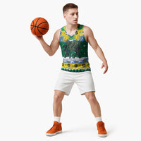 Gabon Christmas Basketball Jersey with Black Panthers Carrying Tree and Green Yellow Snowflake Pattern - Wonder Print Shop