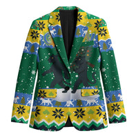 Gabon Christmas Blazer with Black Panthers Carrying Tree and Green Yellow Snowflake Pattern - Wonder Print Shop