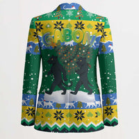 Gabon Christmas Blazer with Black Panthers Carrying Tree and Green Yellow Snowflake Pattern - Wonder Print Shop