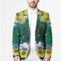 Gabon Christmas Blazer with Black Panthers Carrying Tree and Green Yellow Snowflake Pattern - Wonder Print Shop