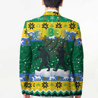 Gabon Christmas Blazer with Black Panthers Carrying Tree and Green Yellow Snowflake Pattern - Wonder Print Shop
