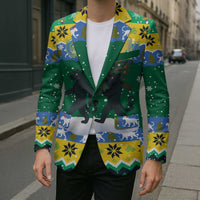 Gabon Christmas Blazer with Black Panthers Carrying Tree and Green Yellow Snowflake Pattern - Wonder Print Shop