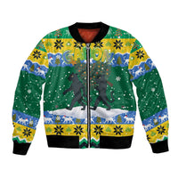 Gabon Christmas Bomber Jacket with Black Panthers Carrying Tree and Green Yellow Snowflake Pattern - Wonder Print Shop