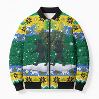 Gabon Christmas Bomber Puffer Jacket with Black Panthers Carrying Tree and Green Yellow Snowflake Pattern - Wonder Print Shop