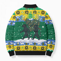 Gabon Christmas Bomber Puffer Jacket with Black Panthers Carrying Tree and Green Yellow Snowflake Pattern - Wonder Print Shop