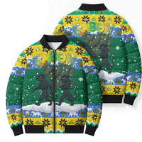 Gabon Christmas Bomber Puffer Jacket with Black Panthers Carrying Tree and Green Yellow Snowflake Pattern - Wonder Print Shop