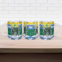 Gabon Christmas Ceramic Mug with Black Panthers Carrying Tree and Green Yellow Snowflake Pattern - Wonder Print Shop