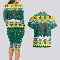 Gabon Christmas Couples Matching Long Sleeve Bodycon Dress and Hawaiian Shirt with Black Panthers Carrying Tree and Green Yellow Snowflake Pattern - Wonder Print Shop