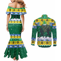 Gabon Christmas Couples Matching Mermaid Dress and Long Sleeve Button Shirt with Black Panthers Carrying Tree and Green Yellow Snowflake Pattern - Wonder Print Shop