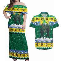 Gabon Christmas Couples Matching Off Shoulder Maxi Dress and Hawaiian Shirt with Black Panthers Carrying Tree and Green Yellow Snowflake Pattern - Wonder Print Shop