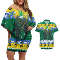 Gabon Christmas Couples Matching Off Shoulder Short Dress and Hawaiian Shirt with Black Panthers Carrying Tree and Green Yellow Snowflake Pattern - Wonder Print Shop