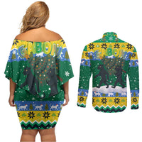 Gabon Christmas Couples Matching Off Shoulder Short Dress and Long Sleeve Button Shirt with Black Panthers Carrying Tree and Green Yellow Snowflake Pattern - Wonder Print Shop
