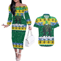 Gabon Christmas Couples Matching Off The Shoulder Long Sleeve Dress and Hawaiian Shirt with Black Panthers Carrying Tree and Green Yellow Snowflake Pattern - Wonder Print Shop