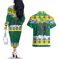 Gabon Christmas Couples Matching Off The Shoulder Long Sleeve Dress and Hawaiian Shirt with Black Panthers Carrying Tree and Green Yellow Snowflake Pattern - Wonder Print Shop
