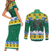 Gabon Christmas Couples Matching Short Sleeve Bodycon Dress and Long Sleeve Button Shirt with Black Panthers Carrying Tree and Green Yellow Snowflake Pattern - Wonder Print Shop