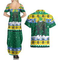 Gabon Christmas Couples Matching Summer Maxi Dress and Hawaiian Shirt with Black Panthers Carrying Tree and Green Yellow Snowflake Pattern - Wonder Print Shop