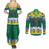 Gabon Christmas Couples Matching Summer Maxi Dress and Long Sleeve Button Shirt with Black Panthers Carrying Tree and Green Yellow Snowflake Pattern - Wonder Print Shop