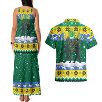 Gabon Christmas Couples Matching Tank Maxi Dress and Hawaiian Shirt with Black Panthers Carrying Tree and Green Yellow Snowflake Pattern - Wonder Print Shop