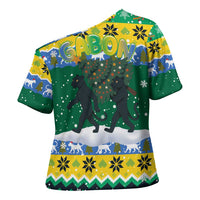 Gabon Christmas Cross Shoulder Shirt with Black Panthers Carrying Tree and Green Yellow Snowflake Pattern - Wonder Print Shop