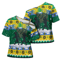 Gabon Christmas Cross Shoulder Shirt with Black Panthers Carrying Tree and Green Yellow Snowflake Pattern - Wonder Print Shop