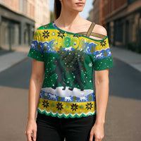 Gabon Christmas Cross Shoulder Shirt with Black Panthers Carrying Tree and Green Yellow Snowflake Pattern - Wonder Print Shop