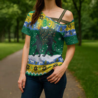 Gabon Christmas Cross Shoulder Shirt with Black Panthers Carrying Tree and Green Yellow Snowflake Pattern - Wonder Print Shop