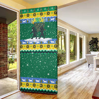 Gabon Christmas Door Cover with Black Panthers Carrying Tree and Green Yellow Snowflake Pattern - Wonder Print Shop