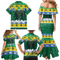Gabon Christmas Family Matching Mermaid Dress and Hawaiian Shirt with Black Panthers Carrying Tree and Green Yellow Snowflake Pattern - Wonder Print Shop
