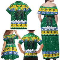 Gabon Christmas Family Matching Off Shoulder Maxi Dress and Hawaiian Shirt with Black Panthers Carrying Tree and Green Yellow Snowflake Pattern - Wonder Print Shop